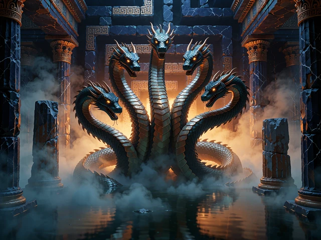 Femhovedet hydra rejser sig fra en t&aring;get sump mellem tempels&oslash;jler - illustration til Spinomenal-slots