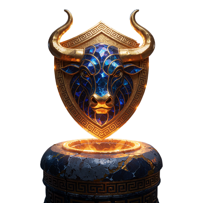 Gyldent skjold med bl&aring;t tyrehoved p&aring; en lysende sokkel - emblem for VIP-rangen Immortal