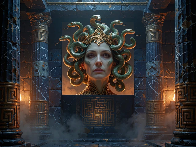Medusa med slangeh&aring;r og gyldne &oslash;jne i en tempelniche - illustration til Megaways-slots hos Mino Casino