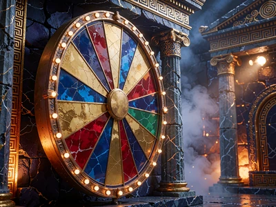 Stort lykkehjul i guld, bl&aring; og r&oslash;d i et gameshow-studie