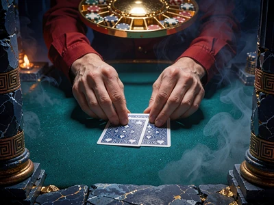 Dealerh&aelig;nder skubber to kort hen over gr&oslash;nbl&aring;t blackjack-filt