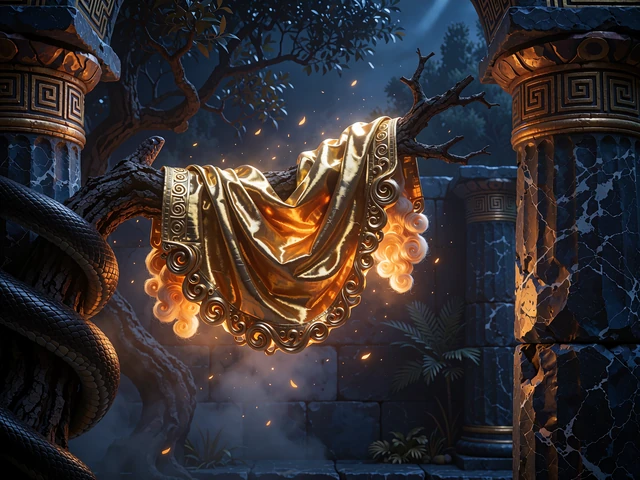 Det gyldne skind h&aelig;nger gl&oslash;dende over en egegren med en slange om stammen - illustration til nye slots