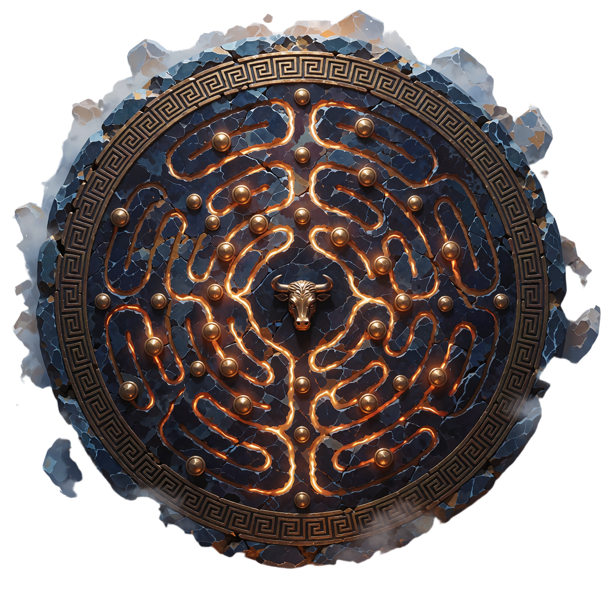 Cirkul&aelig;r labyrint i m&oslash;rk sten med gl&oslash;dende guldkanaler og et tyrehoved i midten - The Labyrinth Map