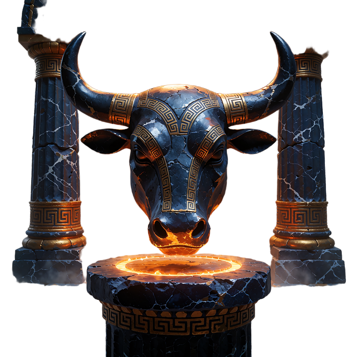 Tyrehovedmaske i bl&aring;t st&aring;l med gyldne horn p&aring; en gl&oslash;dende stensokkel - symbol for The Labyrinth Map