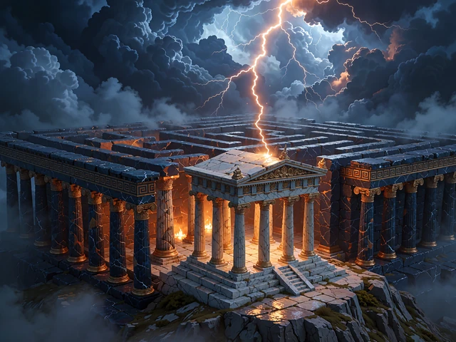Gyldent lyn sl&aring;r ned i et marmortempel p&aring; Olympens top - illustration til slots med bonus buy