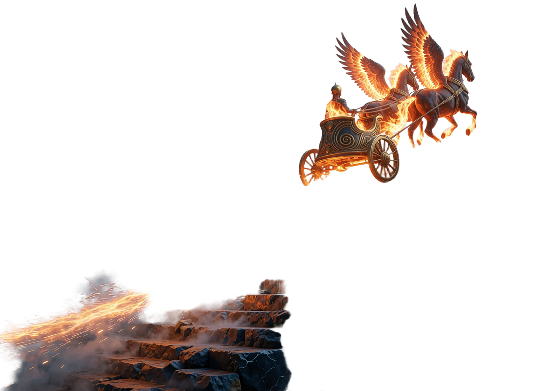Bronzegylden stridsvogn med to flammende bevingede heste stiger op ad en gl&oslash;dende gylden kurve - symbol for crash spil