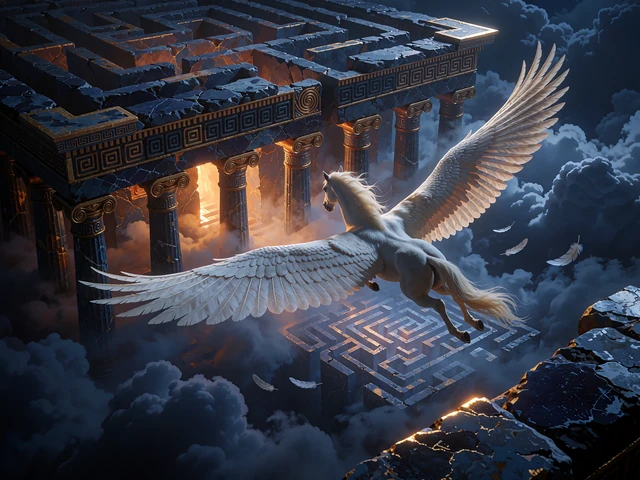 Den bevingede hest Pegasus flyver over skyer og en gl&oslash;dende labyrint - illustration til Play'n GO-slots