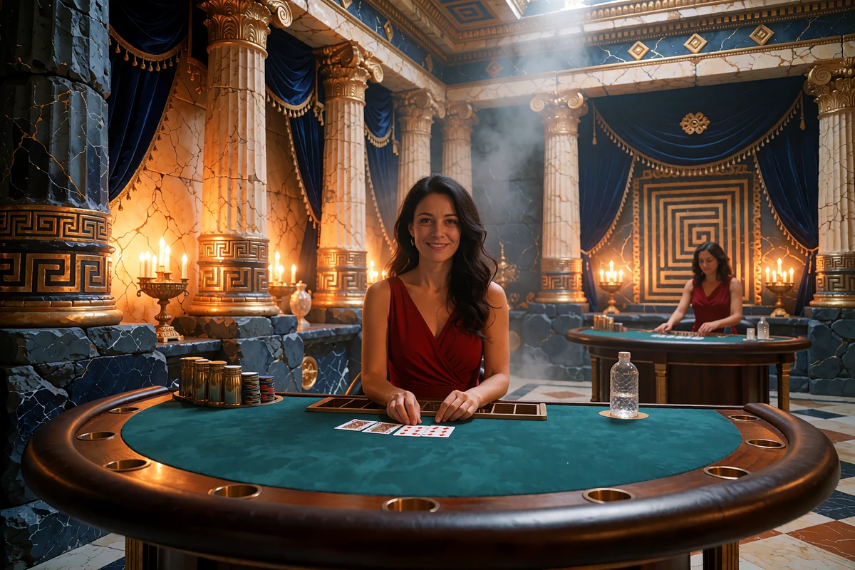 Smilende live dealer i r&oslash;d kjole ved et blackjackbord i en marmorhal - live casino hos Mino Casino