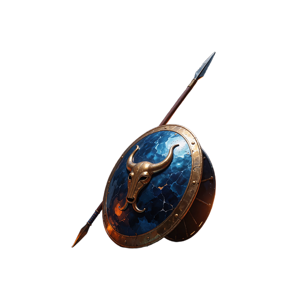 Rundt hoplitskjold med bronzekant og guldhorn samt et spyd - emblem for VIP-rangen Guardian