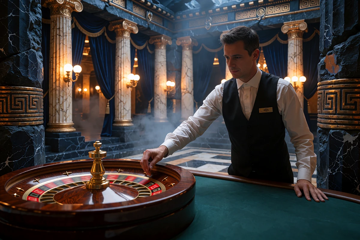 Croupier i hvid skjorte og vest s&aelig;tter et roulettehjul i mahogni og guld i gang ved et gr&oslash;nt bord i en marmorhal
