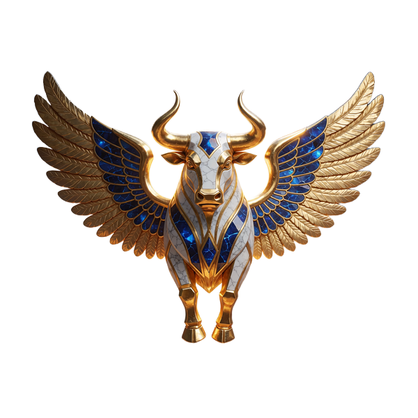 Vinget tyrehoved i guld og marmor med udbredte vinger og lysstr&aring;ler - emblem for VIP-rangen Immortal